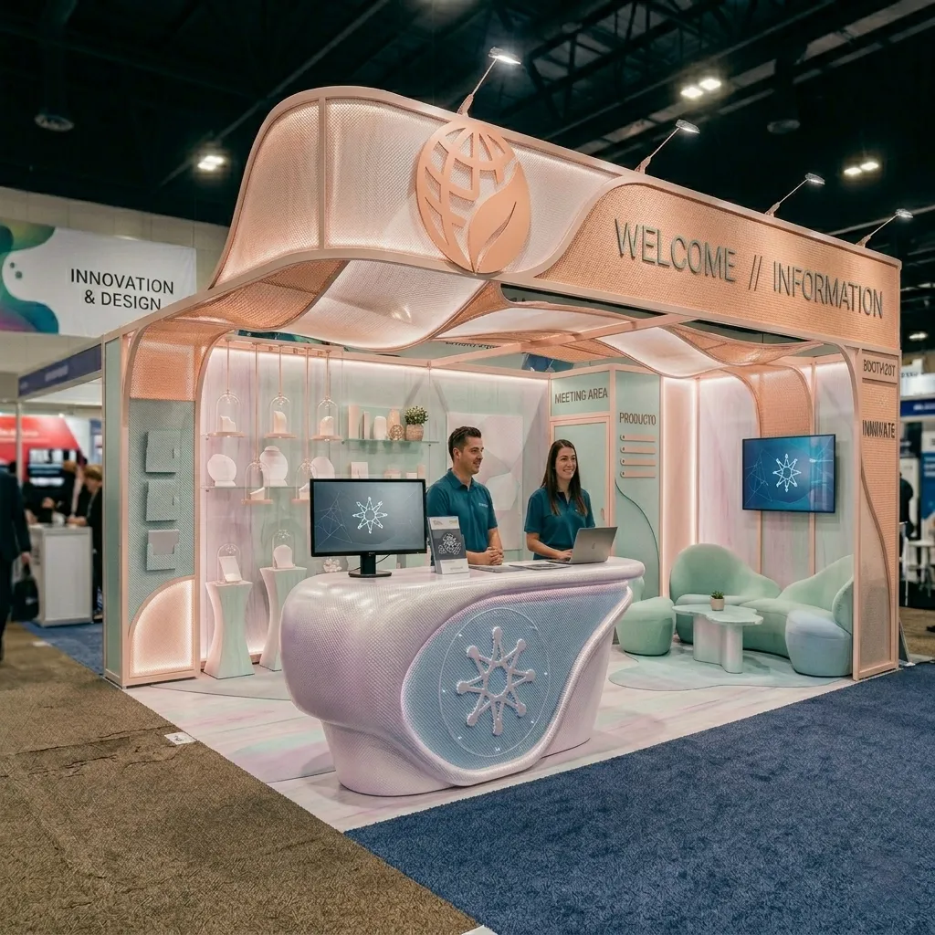 Custom exhibition stall with curved design and meeting area