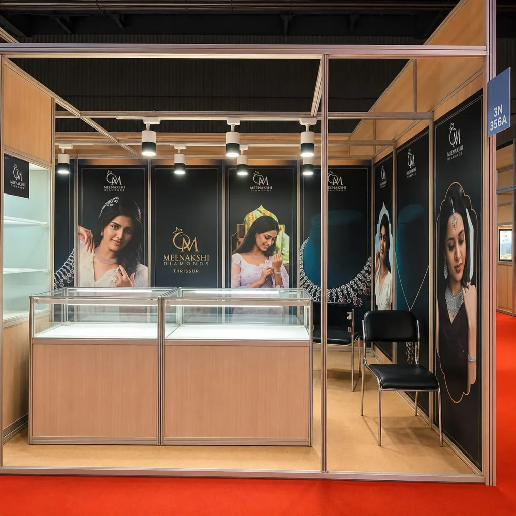 Shell scheme booth branding for Om Minakshi Diamonds