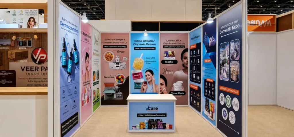 Shell scheme booth branding for V Care at CMPL 2026